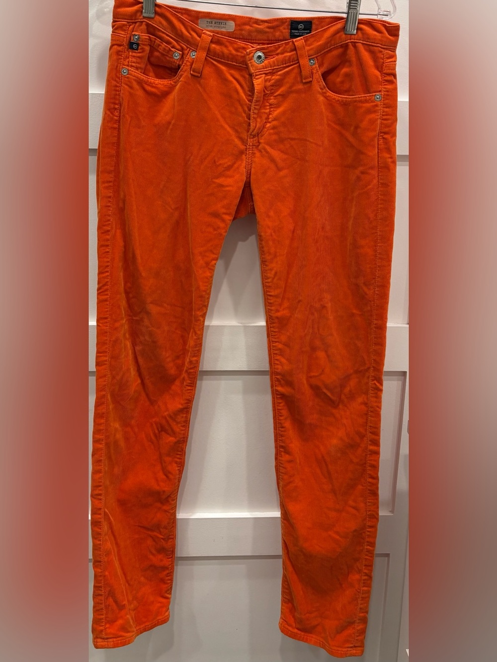 Ag Adriano Goldschmied Straight Leg Medium Rise Corduroy Pants in Bright Orange
